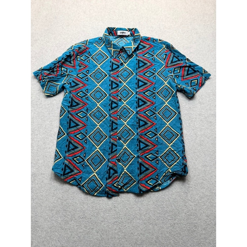 Vatpave Mens Teal Geometric Tribal Print Short Sleeve Button Down Shirt Large